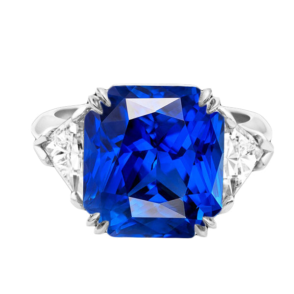 Women Jewelry Sparkling Unique Radiant 3 Stone Ring Blue Sapphire & Trillion Diamonds