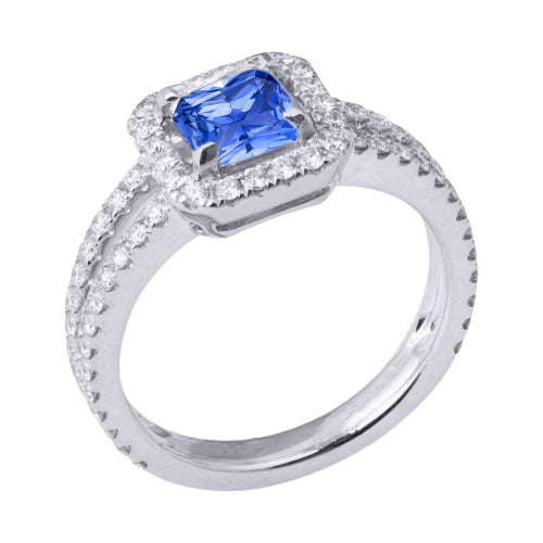 Diamond Halo Radiant Sapphire Ring Double Shank Women Jewelry Sparkling Unique Gold Jewelry