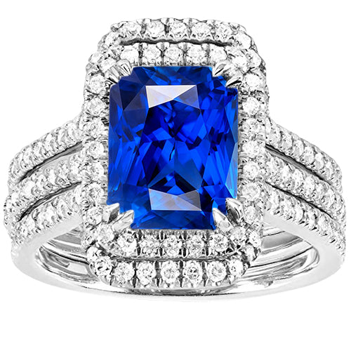 Women Diamond Engagement Halo Diamond Sapphire Engagement Wedding Ring Set With Jacket