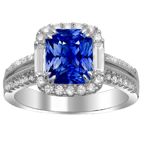 Halo Sapphire Ring Baguette & Round Accents Women Diamond Engagement Split Shank