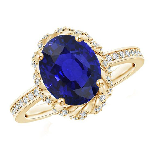 New Amazing Stylish Oval Halo Gemstone Ring Blue Sapphire Pave Diamond Yellow Gold