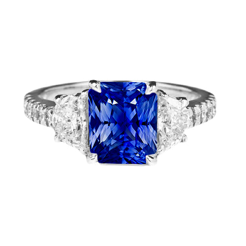 Sparkling Unique Lady’s Sapphire Ring Half Moon Round Accents 3 Stone Style