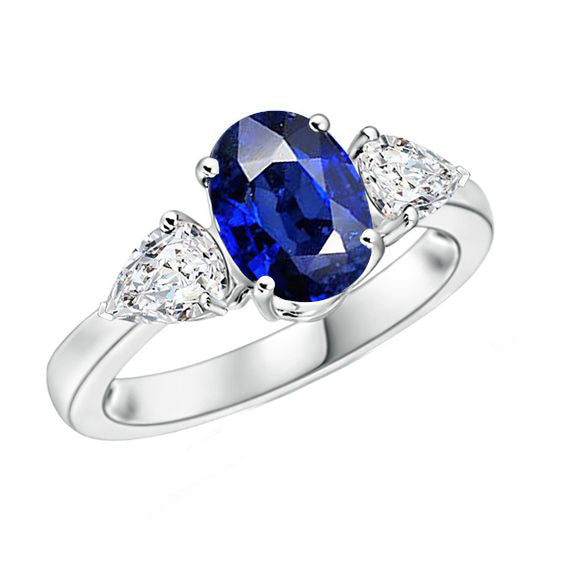 Women Diamond Engagement Three Stone Ring Oval Sri Lankan Sapphire & Pear Diamonds