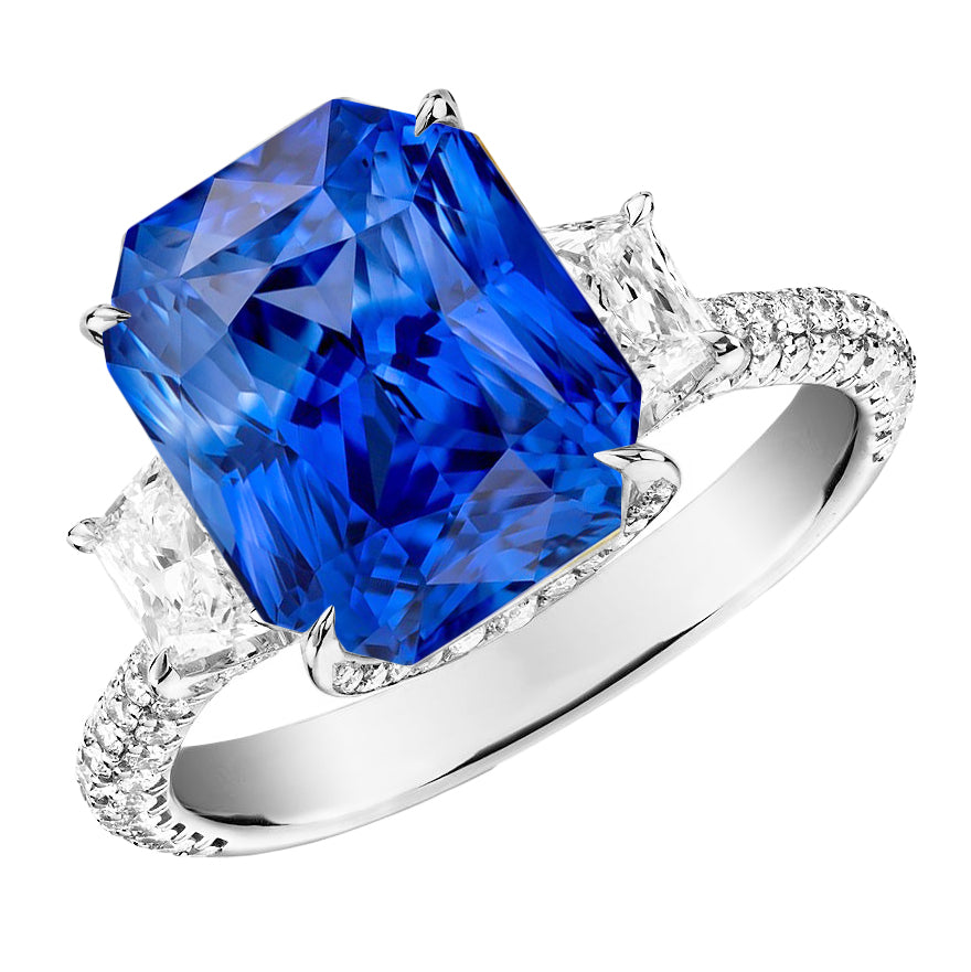 Radiant Diamond Ceylon Sapphire Ring Sparkling Unique Lady’s 3 Stone Prong Style