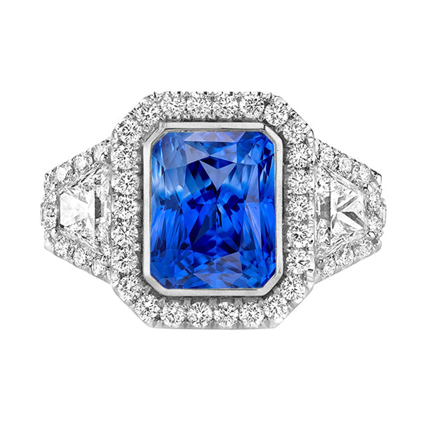 Halo Bezel Set Blue Sapphire Ring Ladies Brilliant Sparkling Trapezoid & Round Diamond