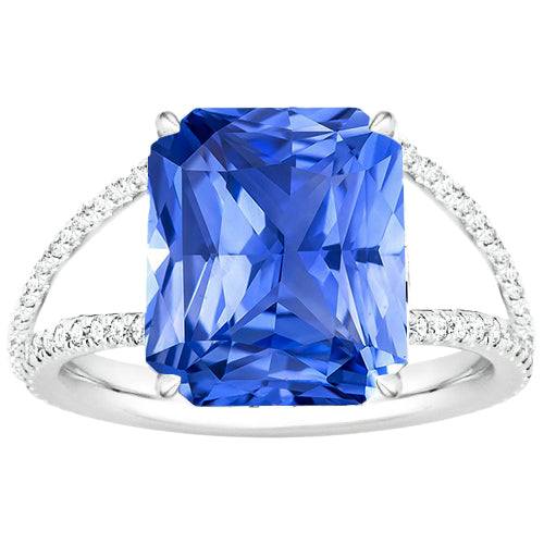 Gemstone Ring Radiant Blue Sapphire Split Shank Round Diamond Ladies Brilliant Sparkling