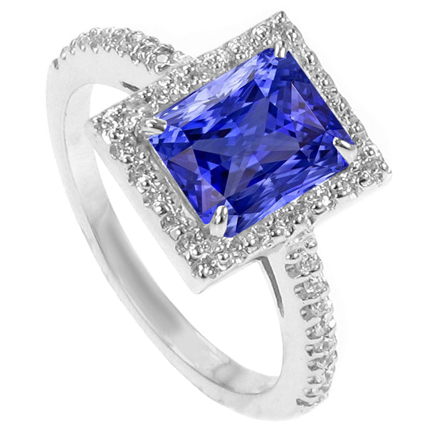 Diamond Halo Radiant Sri Lankan Sapphire Ring Ladies Brilliant Sparkling White Gold