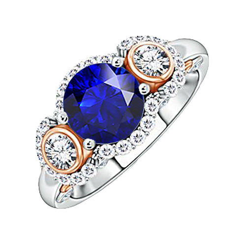 New FAncy Stylish Halo Diamond Anniversary Ring Round Blue Sapphire Two Tone