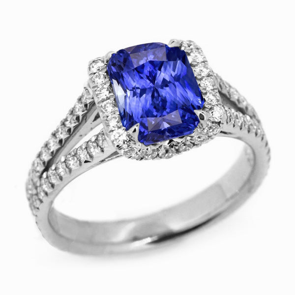 Radiant Halo Ceylon Sapphire Ring Half bazel fancy Engagement Split Shank Diamonds