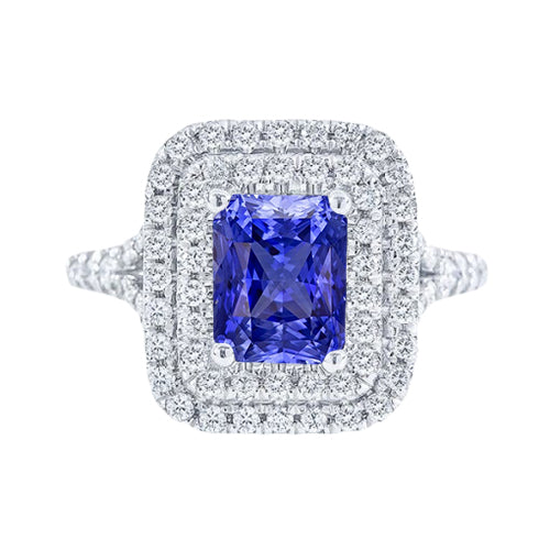 Diamond Double Halo Radiant Sapphire Ring Half bazel fancy Engagement Split Shank