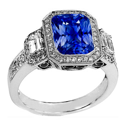 Halo Radiant Sapphire Ring Milgrain Shank Baguette Diamonds New High Quality Wedding