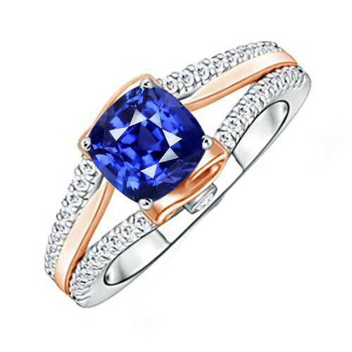 New Amazing LAdies Two Tone Diamond Engagement Ring With Cushion Blue Sapphire