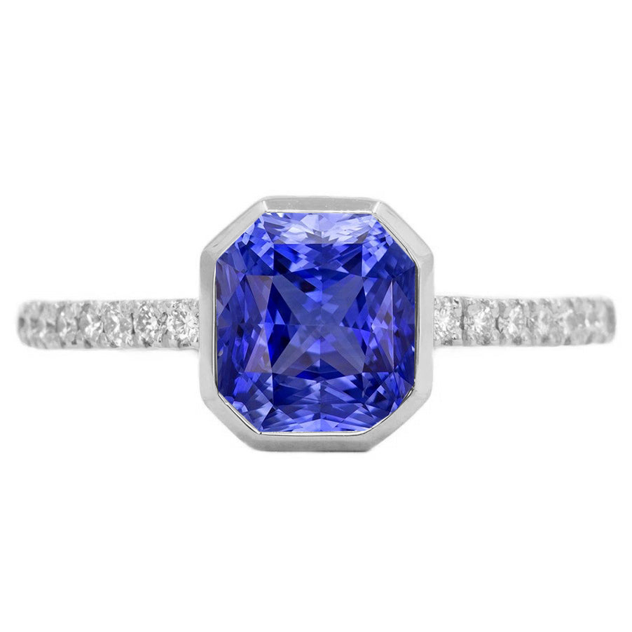 Round Diamond Ceylon Sapphire Ring Bezel Set Women Diamond Engagement Pave Set Accents