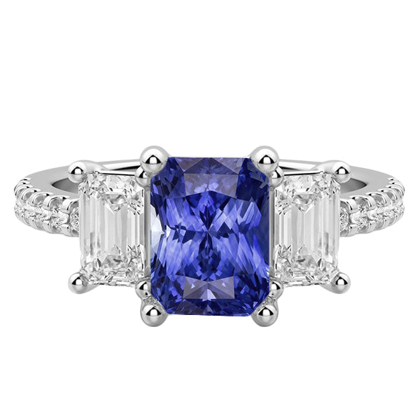 True classic fancy 3 Stone Style Emerald Diamond Blue Sapphire Ring Radiant Cut