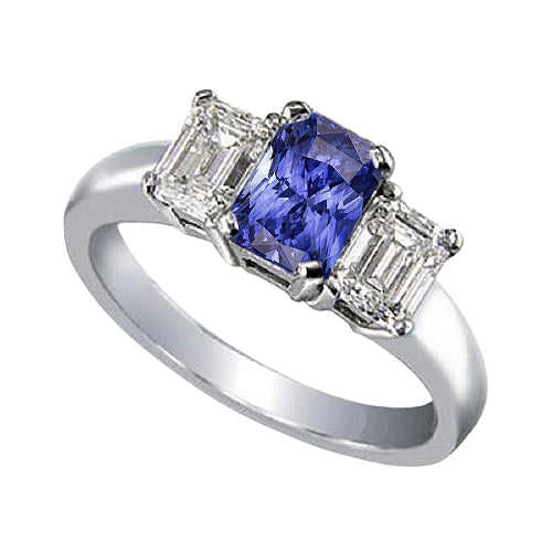Emerald Diamond 3 Stone Ring True classic fancy Blue Sapphire Radiant Cut Gold