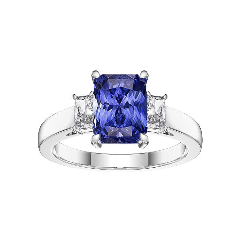 Radiant Diamond Three Stone Ceylon Sapphire Ladies Ring New High Quality Wedding