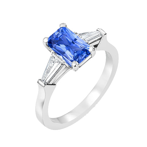New High Quality Wedding Womens Jewelry Blue Sapphire Ring Tapered Baguette 3 Stone