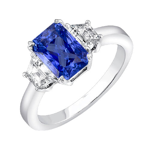3 Stone Trapezoid Diamond Jewelry New High Quality Wedding Radiant Ceylon Sapphire Ring
