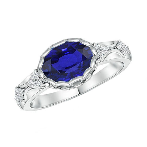 Women Diamond Engagement White Gold Diamond Ring Women Oval Blue Sapphire Bezel