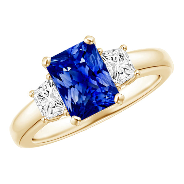 Trapezoid & Radiant Sapphire 3 Stone Diamond Ring Lady’s Round Anniversary Yellow Gold