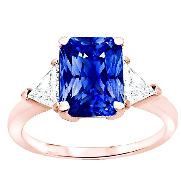 Trillion Diamond 3 Stone Ring Radiant Sapphire Rose Gold Lady’s Round Anniversary