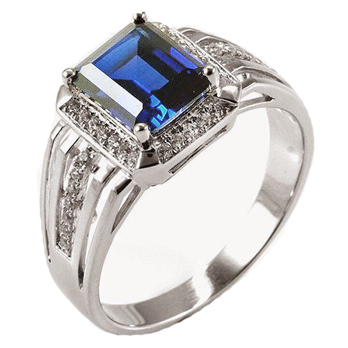 Women Diamond Engagement Diamond Men’s Ring Emerald Cut Blue Sapphire With Accents