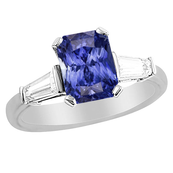 Women's Anniversary Ring Half bazel fancy Engagement Baguette Diamonds Ceylon Sapphire