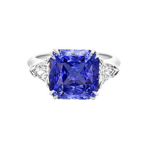 Trillion Diamond 3 Stone Ring Half bazel fancy Engagement Double Prong Ceylon Sapphire