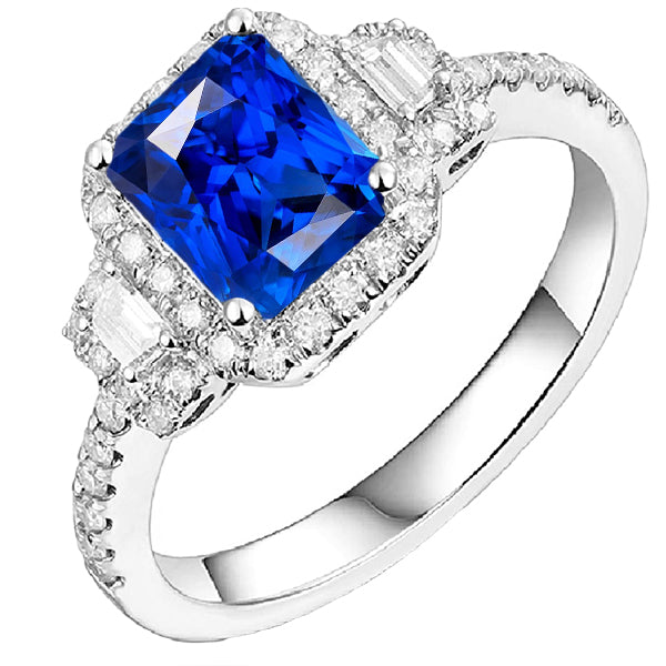 Halo Diamond Ring 3 Stone Style Blue Sapphire With Accents Half bazel fancy Engagement