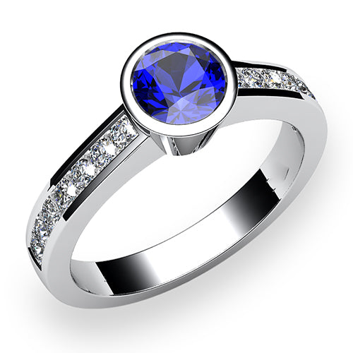 Women Diamond Engagement White Gold Diamond Ring 2 Carat Round Bezel Set Blue Sapphire Gemstone