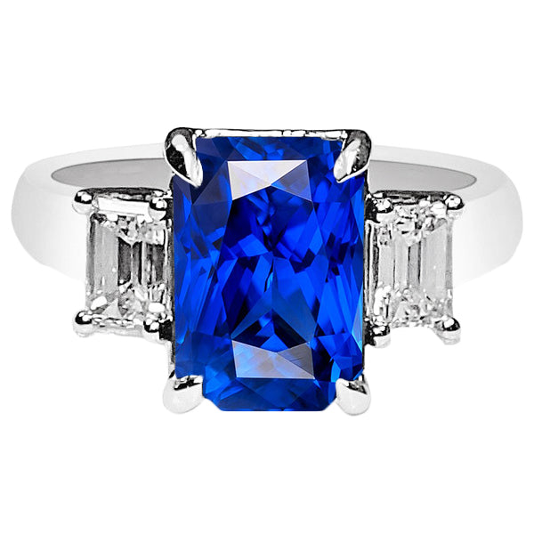 Ladies Gold Diamond Ring Emerald Cut True classic fancy Natural Sapphire Jewelry