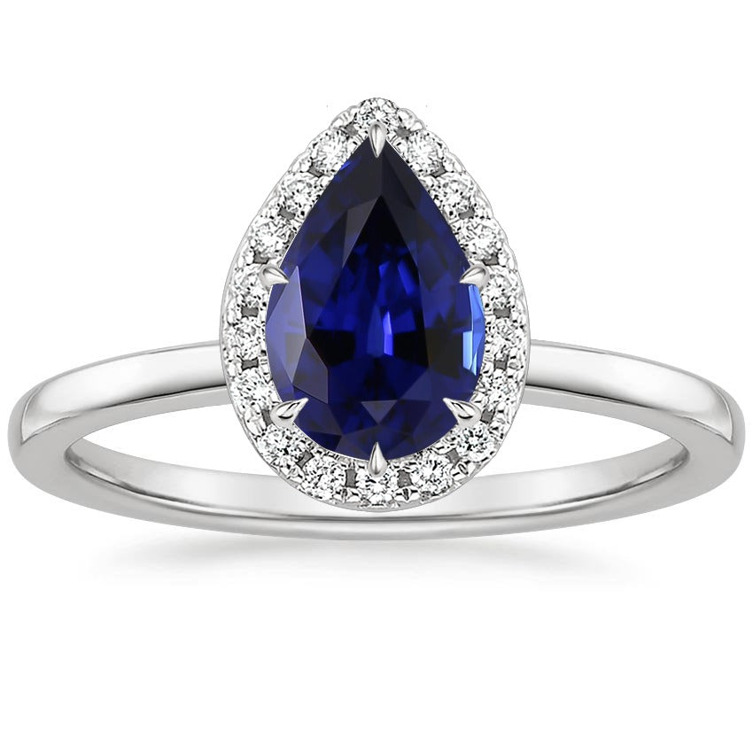 New High Quality Wedding Classic Halo Diamond Ring Pear Sapphire Center Gold