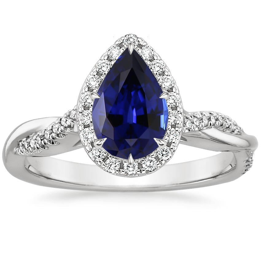 New High Quality Wedding Blue Sapphire Halo Diamond Ring Prongs Pear Cut Stone