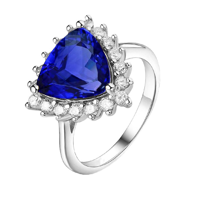 Diamond Halo Trillion Gemstone Ring Ladies New weeding Ceylon Blue Sapphire