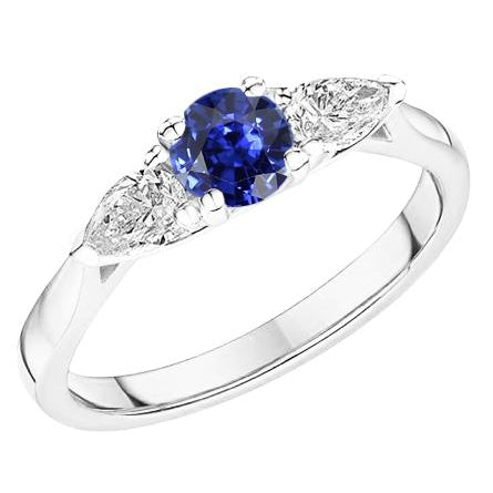 Pear Diamond Three Stone Round Natural Blue Sapphire Ring Fancy Princess Cut Style