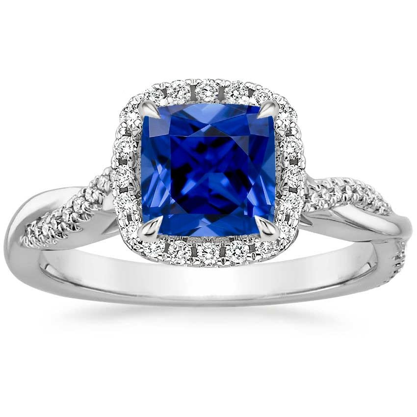 Natural Earth Mined Diamond Halo Ring Cushion Blue Sapphire Pave Set Accented 3.25 Carats