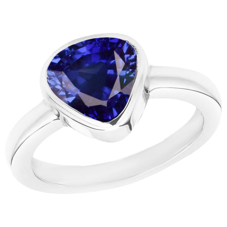 Blue Sapphire Solitaire Trillion Shaped Ring Bezel Set Sparkling Unique Lady’s