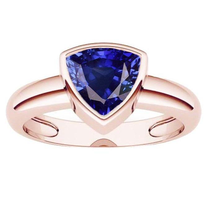 Sparkling Unique Lady’s Rose Gold Solitaire Ring 2 Carats Blue Sapphire Bezel Set Trillion Cut