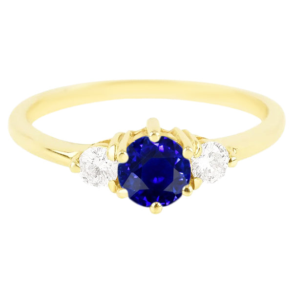 Round Diamond Ceylon Sapphire Ring Lady’s Brilliant Engagement 3 Stone Yellow Gold Prongs