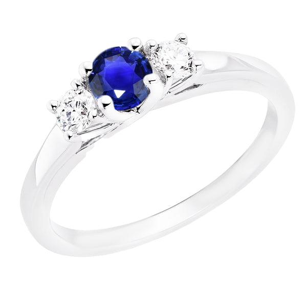 Women 3 Stone Ring Round Ceylon Sapphire & Diamonds Antique Lady’s Style White Elegant