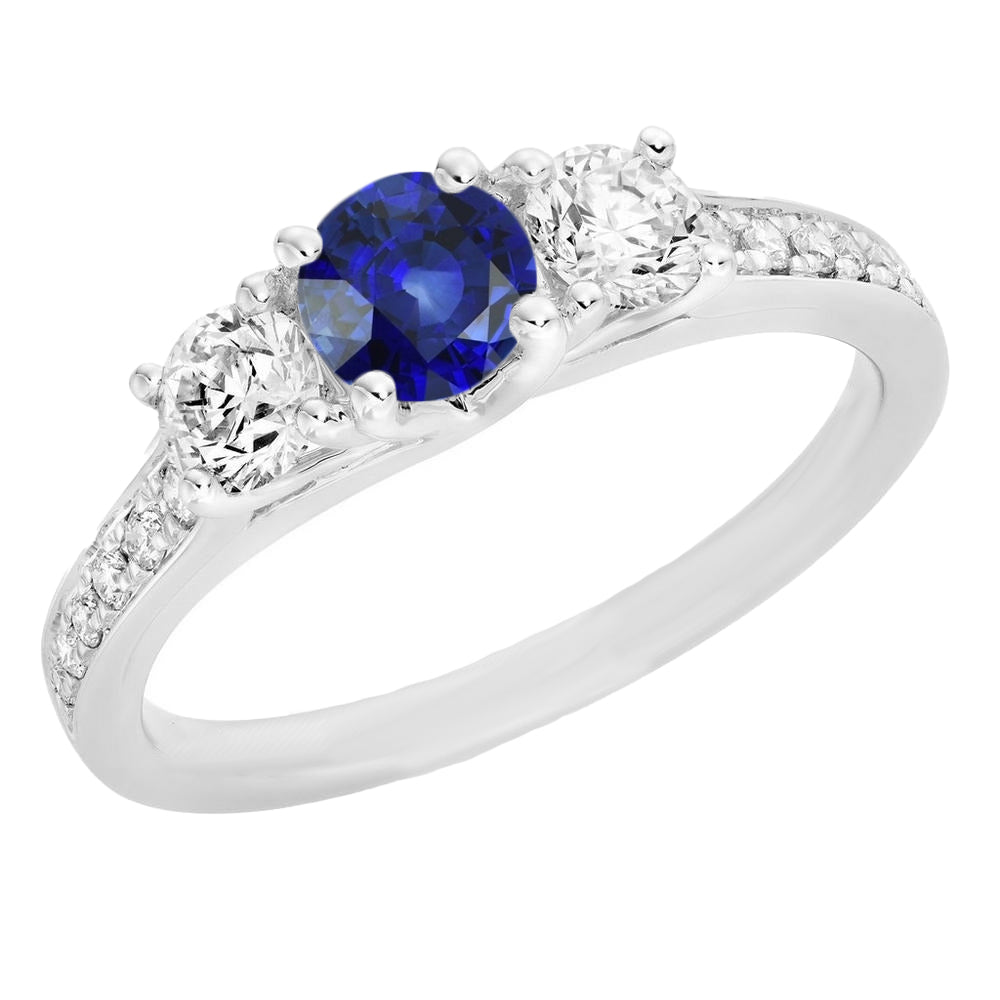 Gold Diamond Anniversary Ring Round Blue Sapphire Gemstone Antique Lady’s Style White Elegant