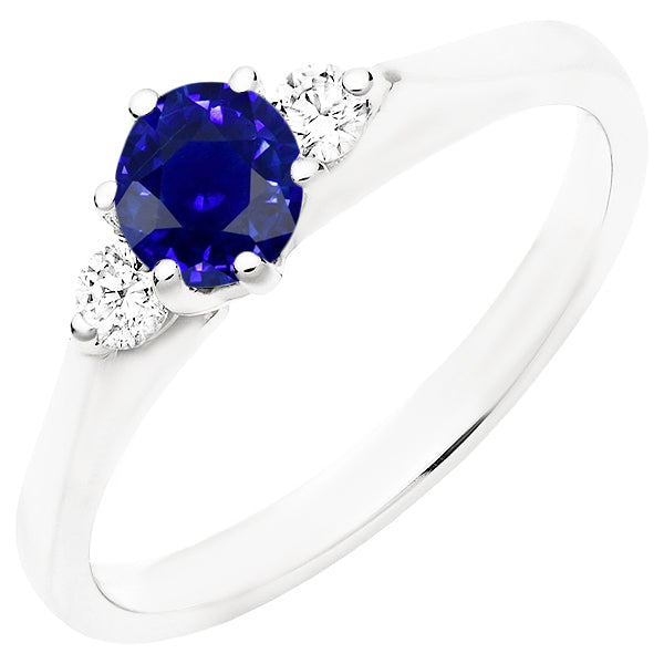 Ceylon Sapphire Gemstone Ring Women 3 Stone Round Diamonds Lady’s Round Anniversary