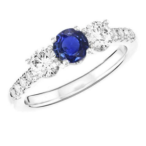 White Gold Gemstone Ring With Accents Lady’s Round Anniversary Natural Blue Sapphire