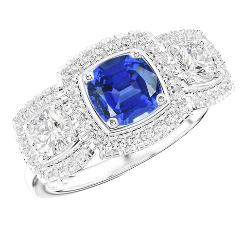 Halo Cushion Blue Sapphire Ring Women’s Diamond Jewelry