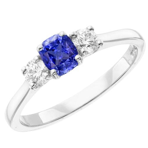 Gold Three Stone Engagement Ring Radiant Sapphire Fancy Lady’s Vintage Style Diamonds