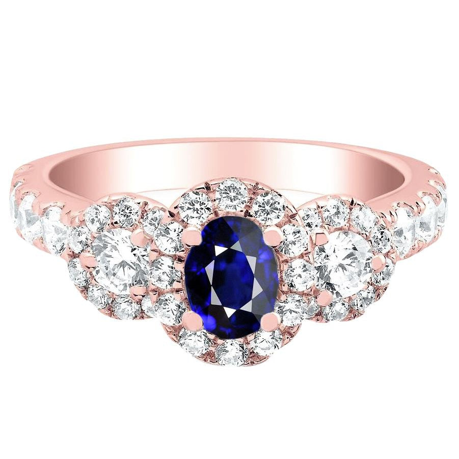 Rose Gold Halo Oval Sapphire Ring 3 Stone Style Diamonds Fancy Lady’s Vintage Style