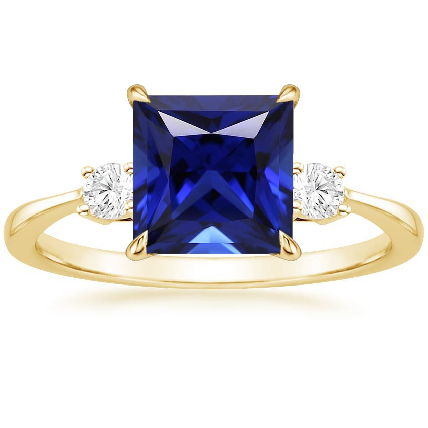 High Quality Fancy Yellow Gold 3 Stone Ring Princess Blue Sapphire & Diamonds