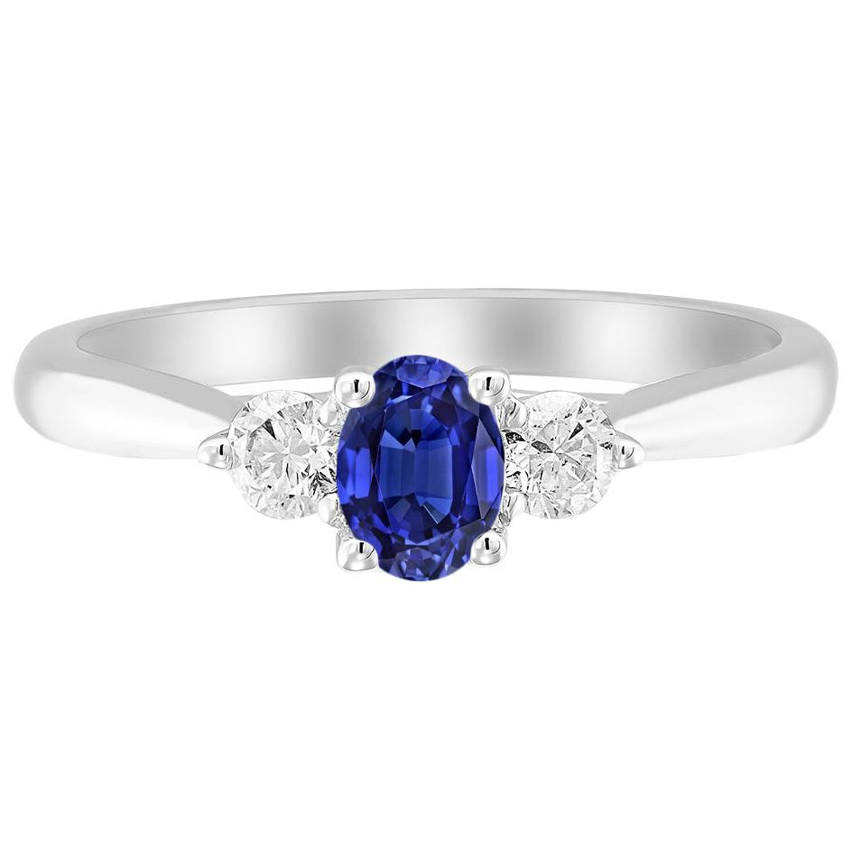 Three Stone Anniversary Ring Oval Deep Blue Sapphire Lady’s Round Anniversary