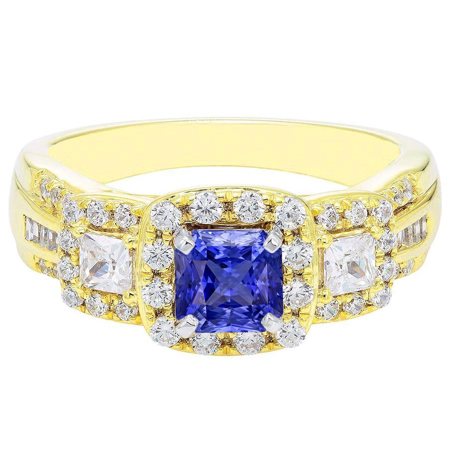 Halo Gemstone Ring Radiant Sapphire Lady’s Round Anniversary Gold Diamonds