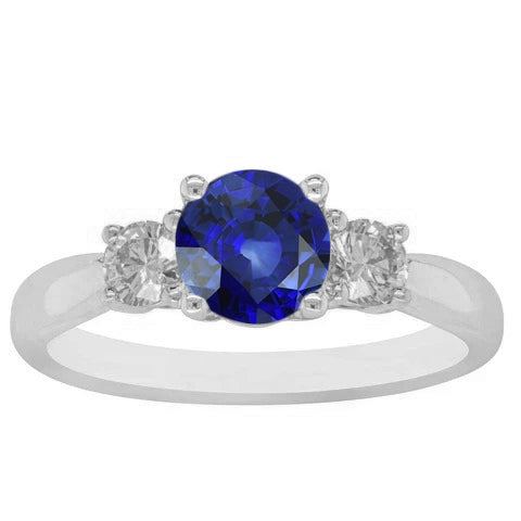 Sparkling Unique Ladies Gemstone Ring Round Diamonds & Blue Sapphire 3 Stone